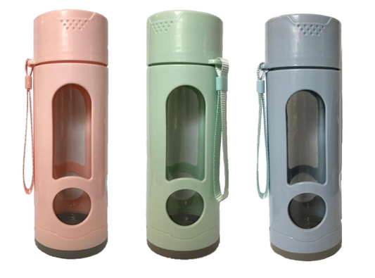Glass Plastic Water Bottle Flask With Strap Assorted Colours