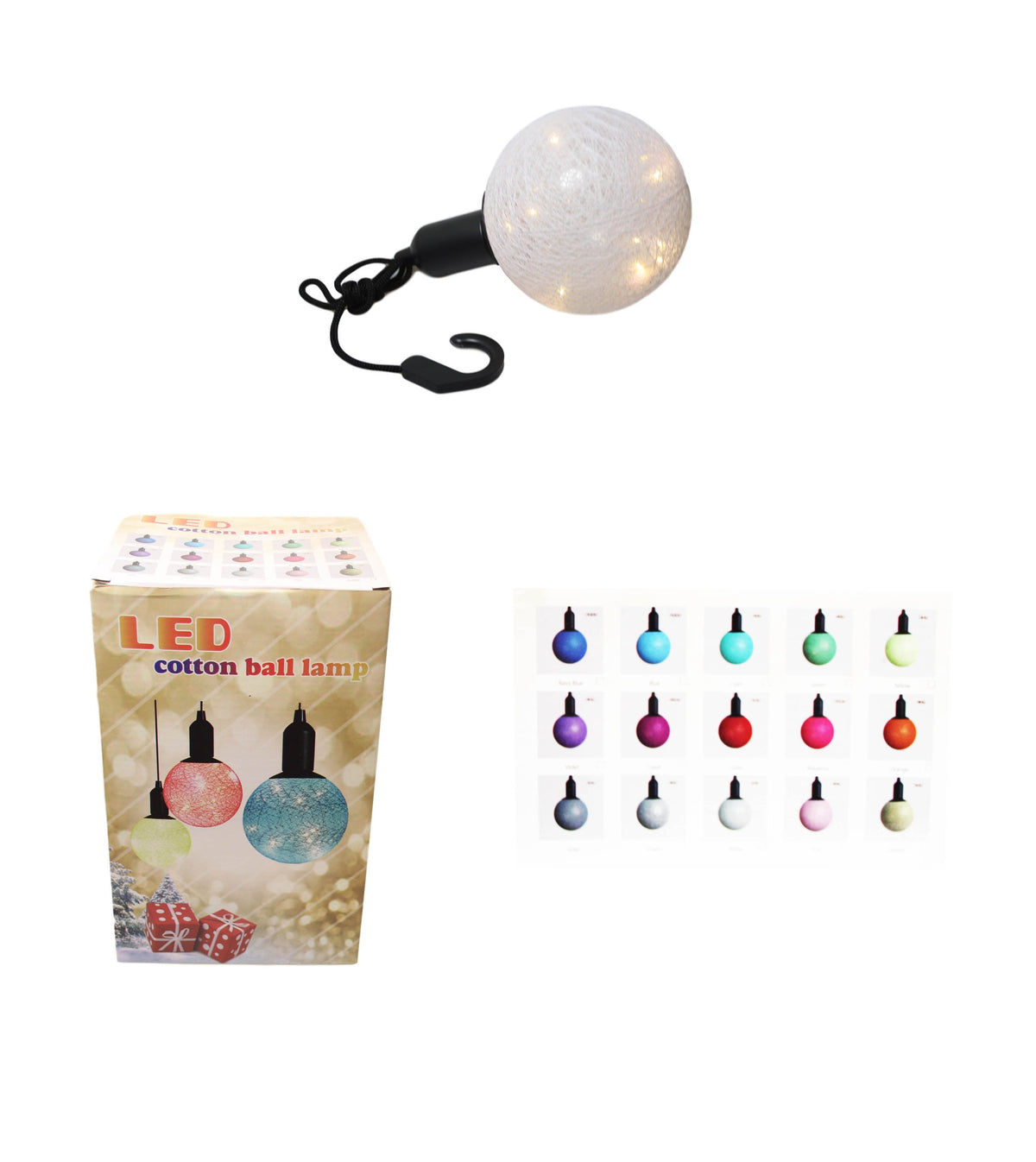 (M) Cotton Ball Ceiling Lamp Battery Operated String Led Indoor Hook Assorted Colours