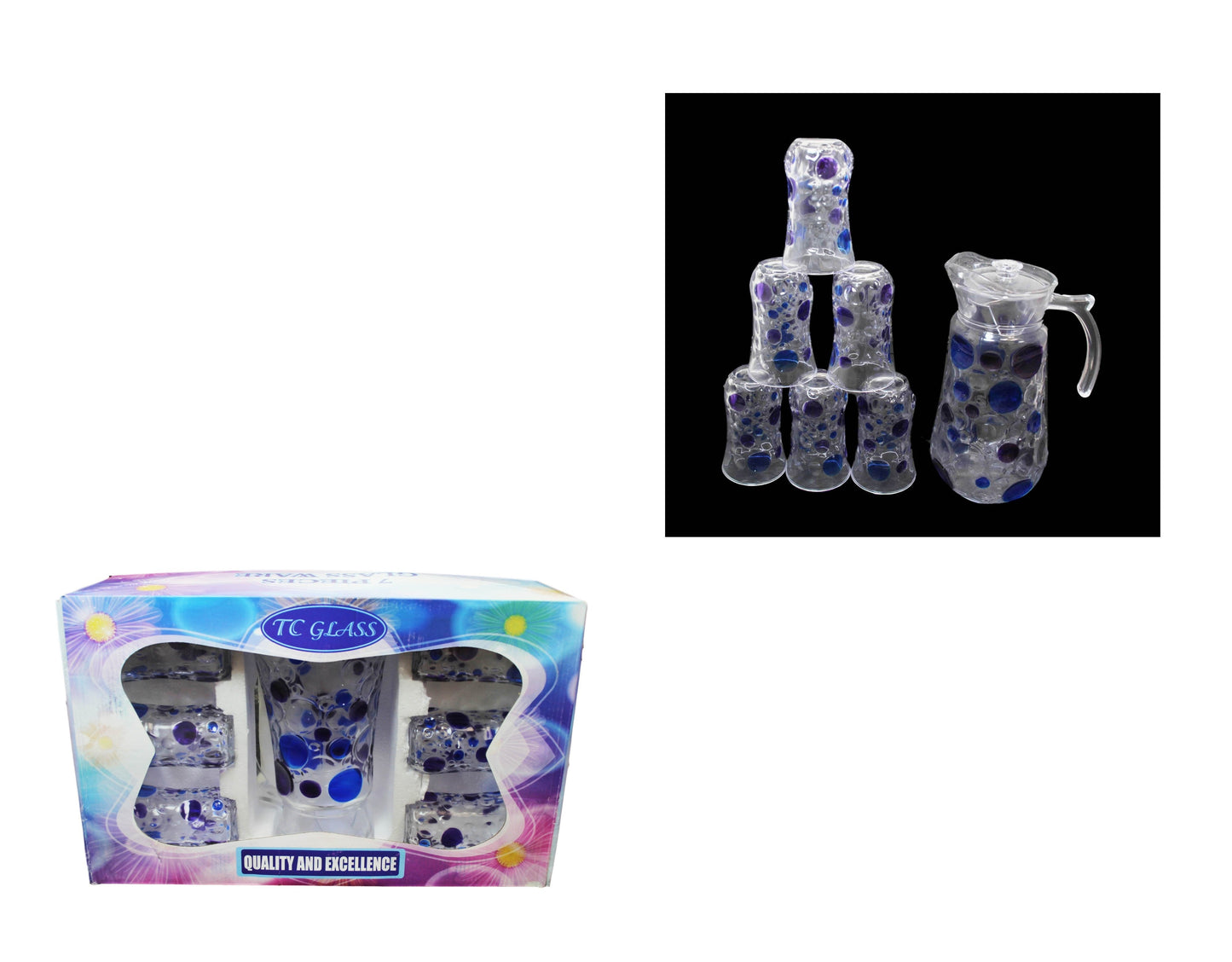 7 Piece Glassware Set Water Jug and 6 Glasses Tumblers Coloured Effect Glass 6334