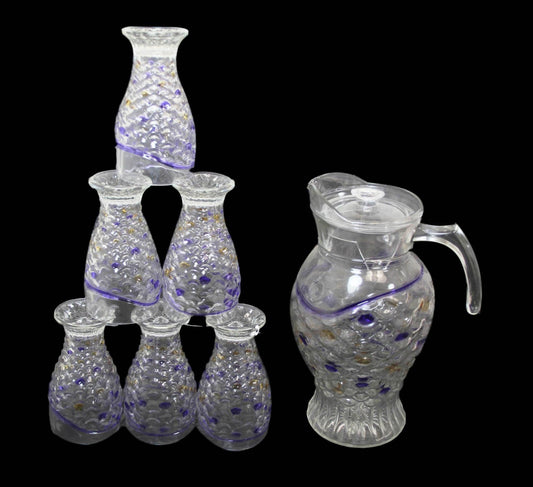 Glass Water Juice Serving Jug With Glasses Set Of 7 Coloured Fish Scale Design Assorted Colours