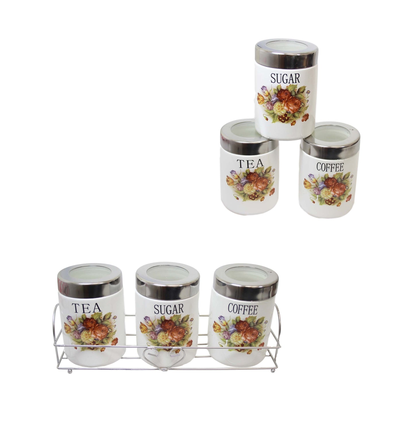 Kitchen Sugar Tea Coffee Storage Cannisters Jars with Floral Print 11 x 8 cm Set of 3 440