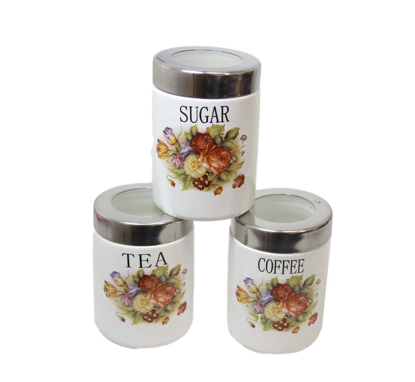 Kitchen Sugar Tea Coffee Storage Cannisters Jars with Floral Print 11 x 8 cm Set of 3 440