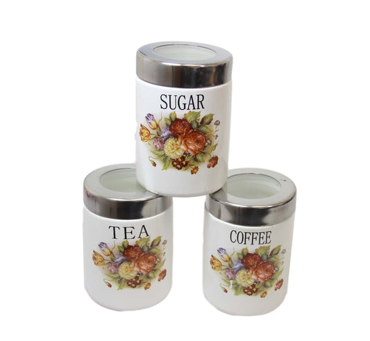 Kitchen Sugar Tea Coffee Storage Cannisters Jars with Floral Print 11 x 8 cm Set of 3 440