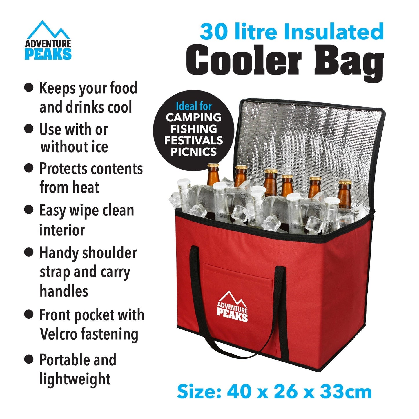 Insulated Camping Cooler Bag 30L 40 X 26 X 33Cm Red