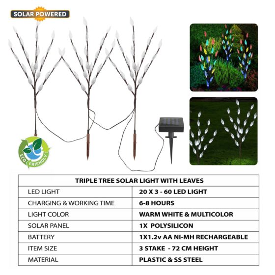 Garden Triple Tree Solar Light With Leaves Bright White Multicolour 72cm 60 LED 6641