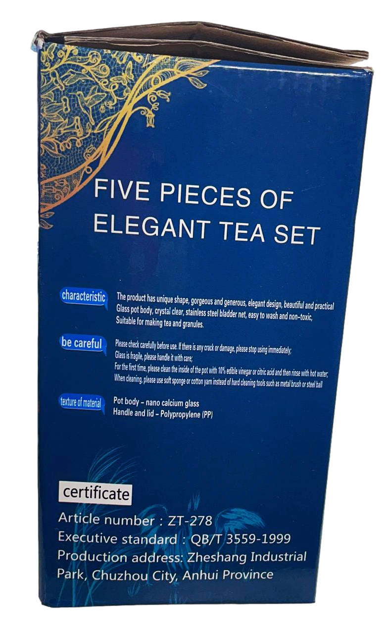 Elegant Glass Tea Pot with 4 Tea Cups Set of 5 Pieces 6661