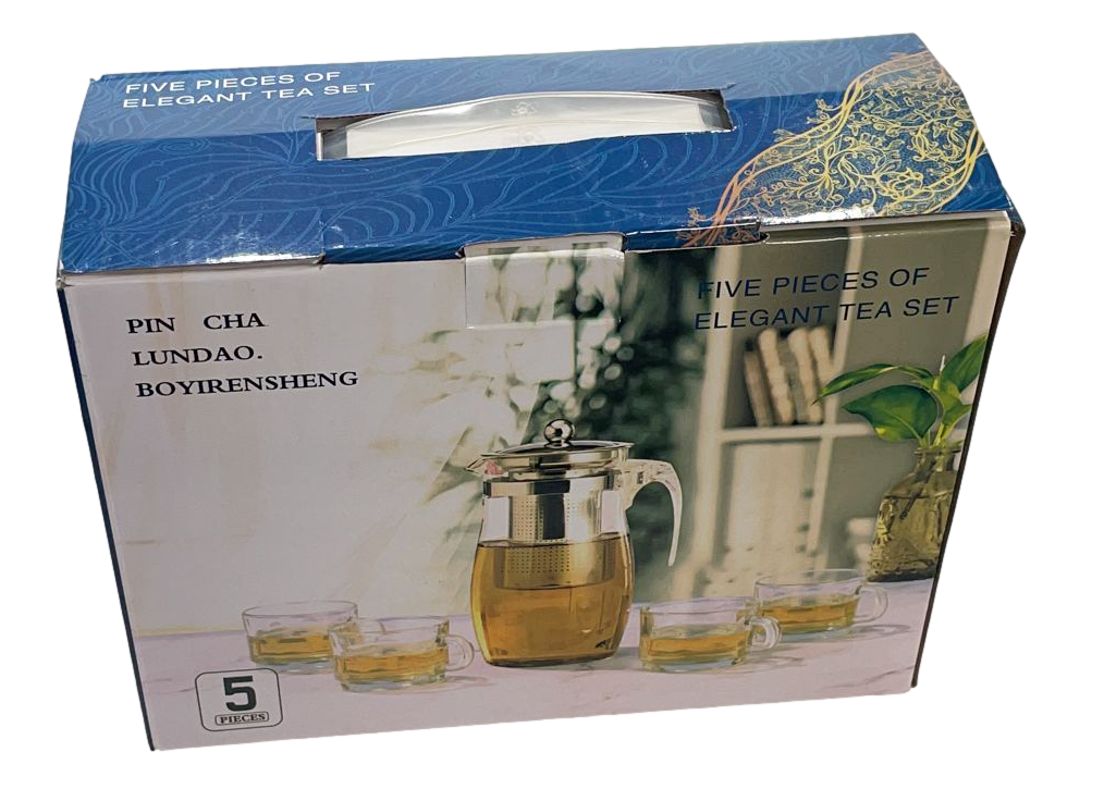 Elegant Glass Tea Pot with 4 Tea Cups Set of 5 Pieces 6661