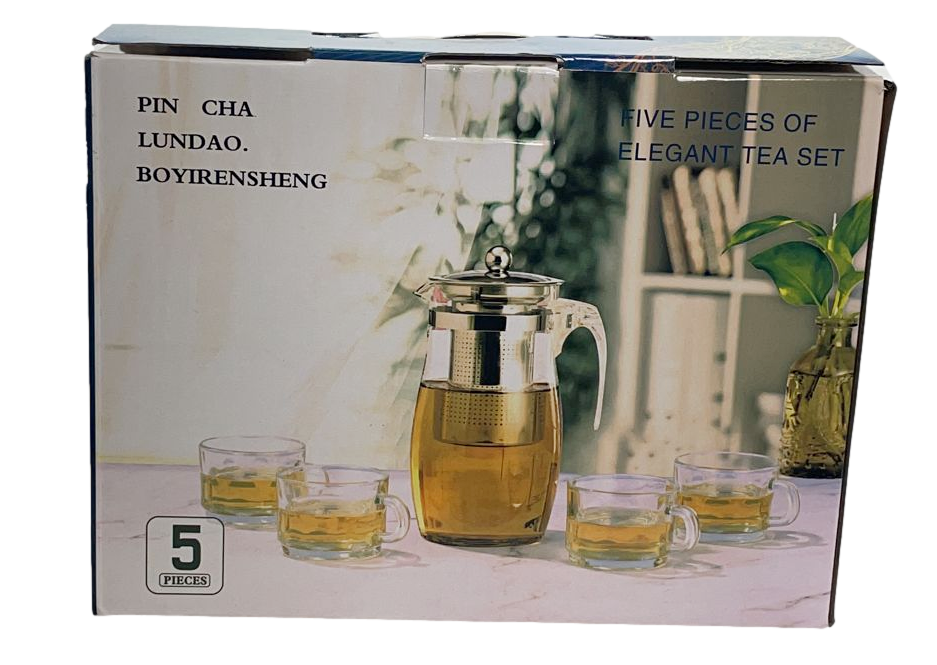 Elegant Glass Tea Pot with 4 Tea Cups Set of 5 Pieces 6661