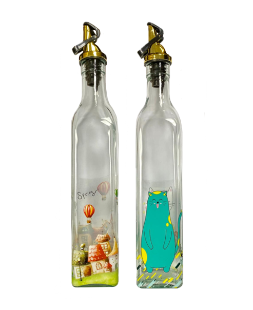 Glass Oil and Vinegar Bottle with Coloured Label 500ml Gold Plastic Stopper Assorted Designs 6811