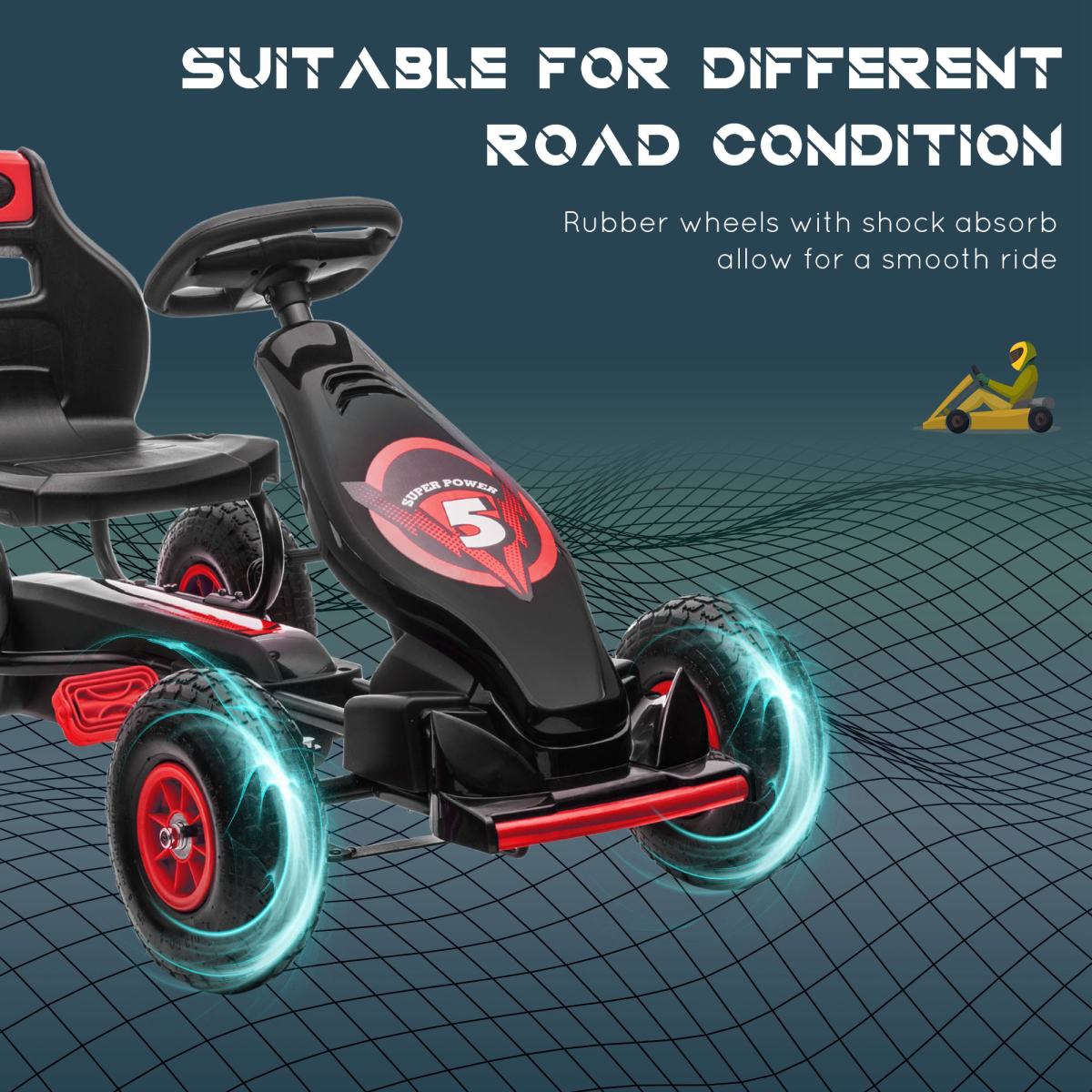Kids Pedal Go Kart w/ Adjustable Seat, Rubber Wheels, Brake - Red