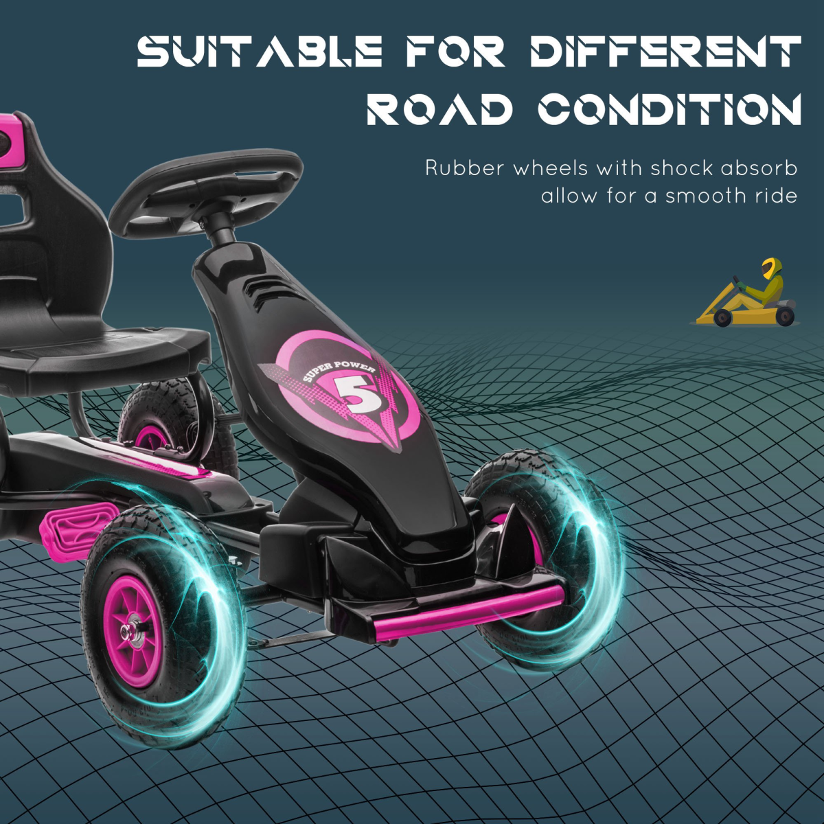 Kids Pedal Go Kart w/ Adjustable Seat, Rubber Wheels, Brake - Pink