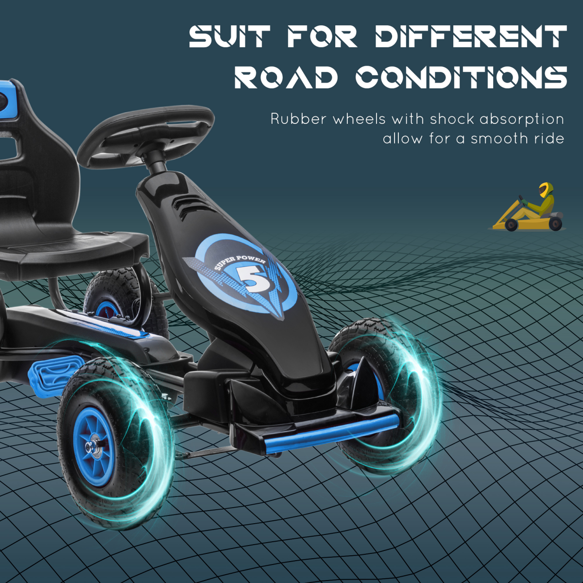 Kids Pedal Go Kart w/ Adjustable Seat, Rubber Wheels, Brake, Blue