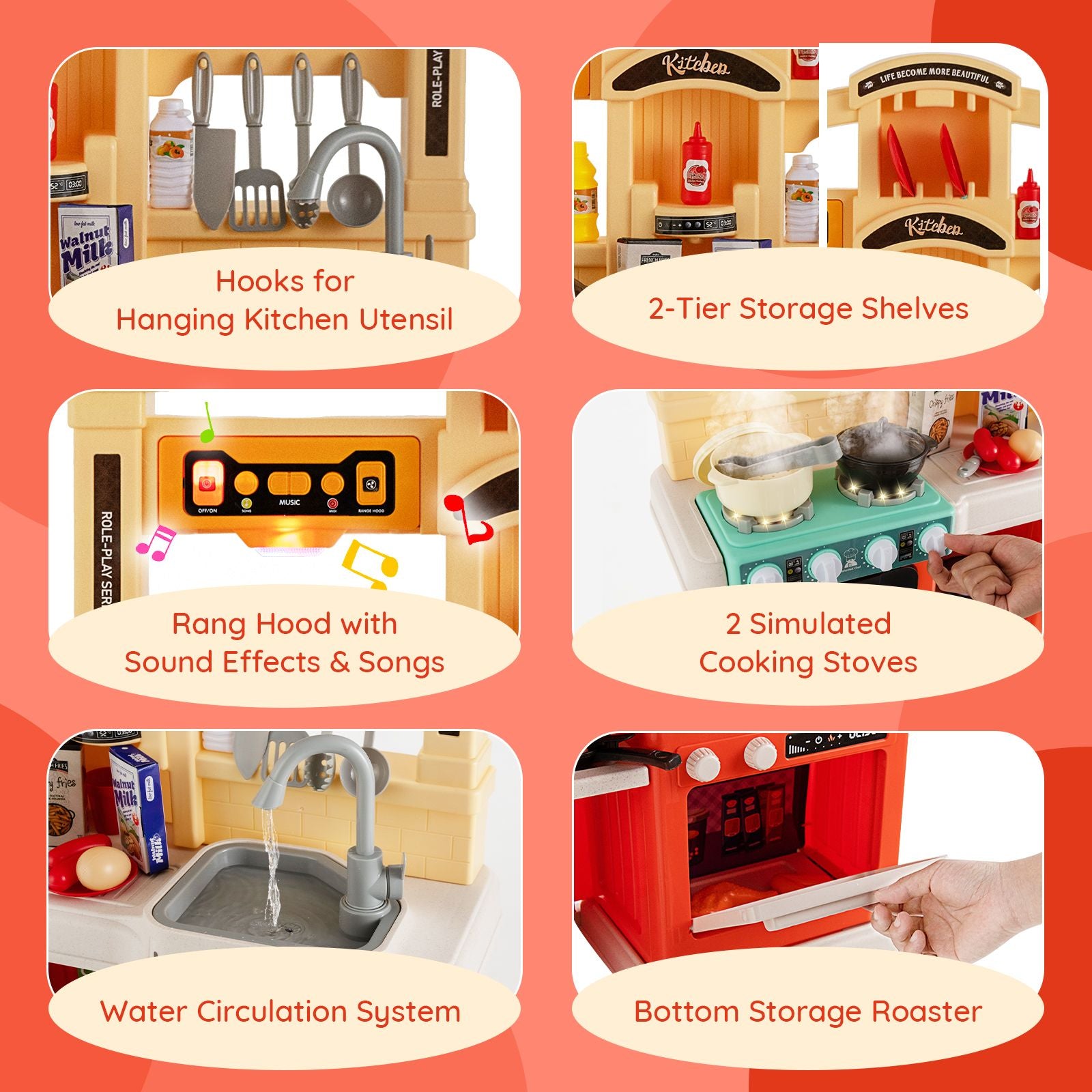 Kids Kitchen Pretend Play Playset Toy with Boiling and Vapour Mist Effects - 69 Pieces