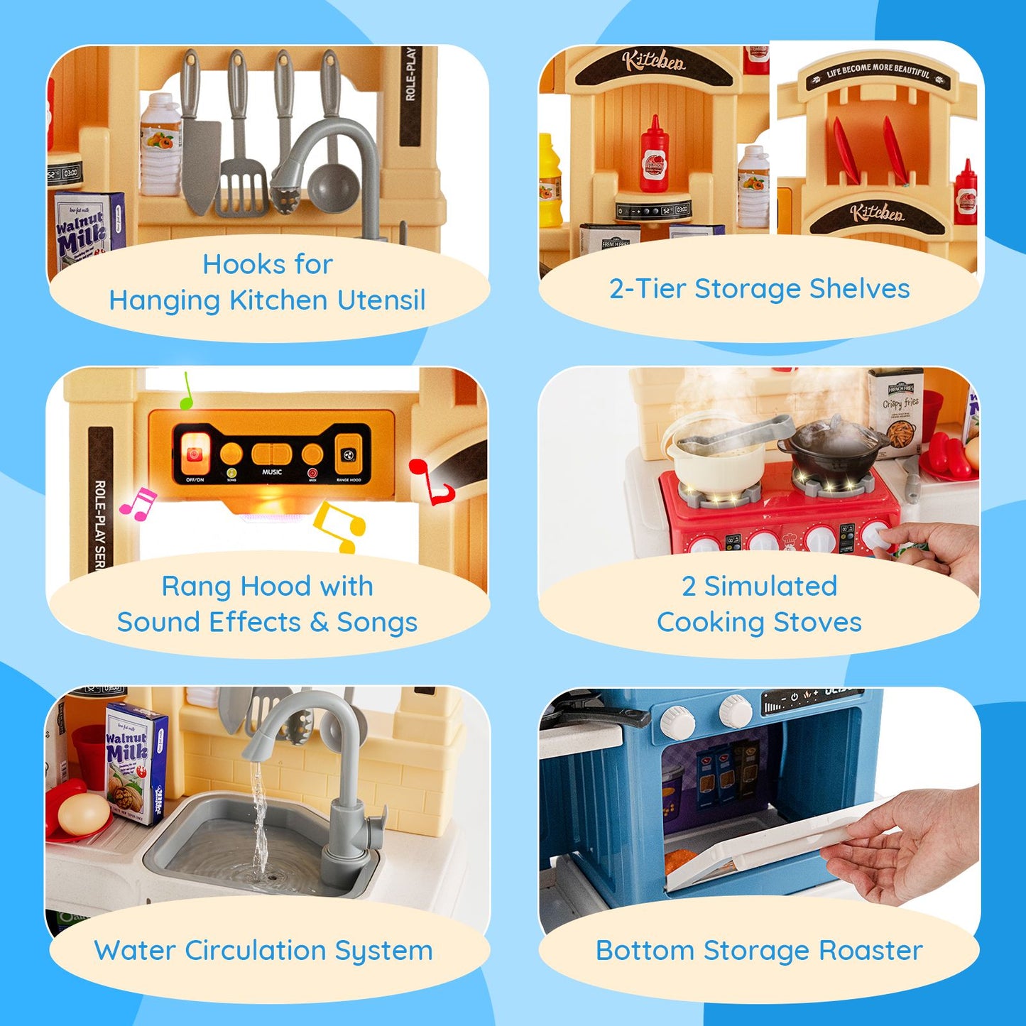 Kids Kitchen Pretend Play Playset Toy with Boiling and Vapour Mist Effects - 69 Pieces