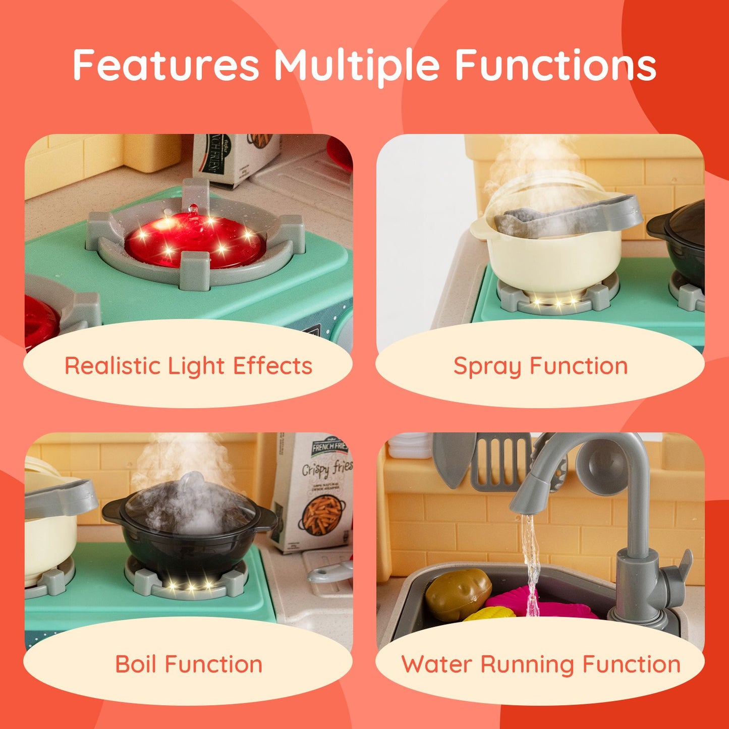 Kids Kitchen Pretend Play Playset Toy with Boiling and Vapour Mist Effects - 69 Pieces