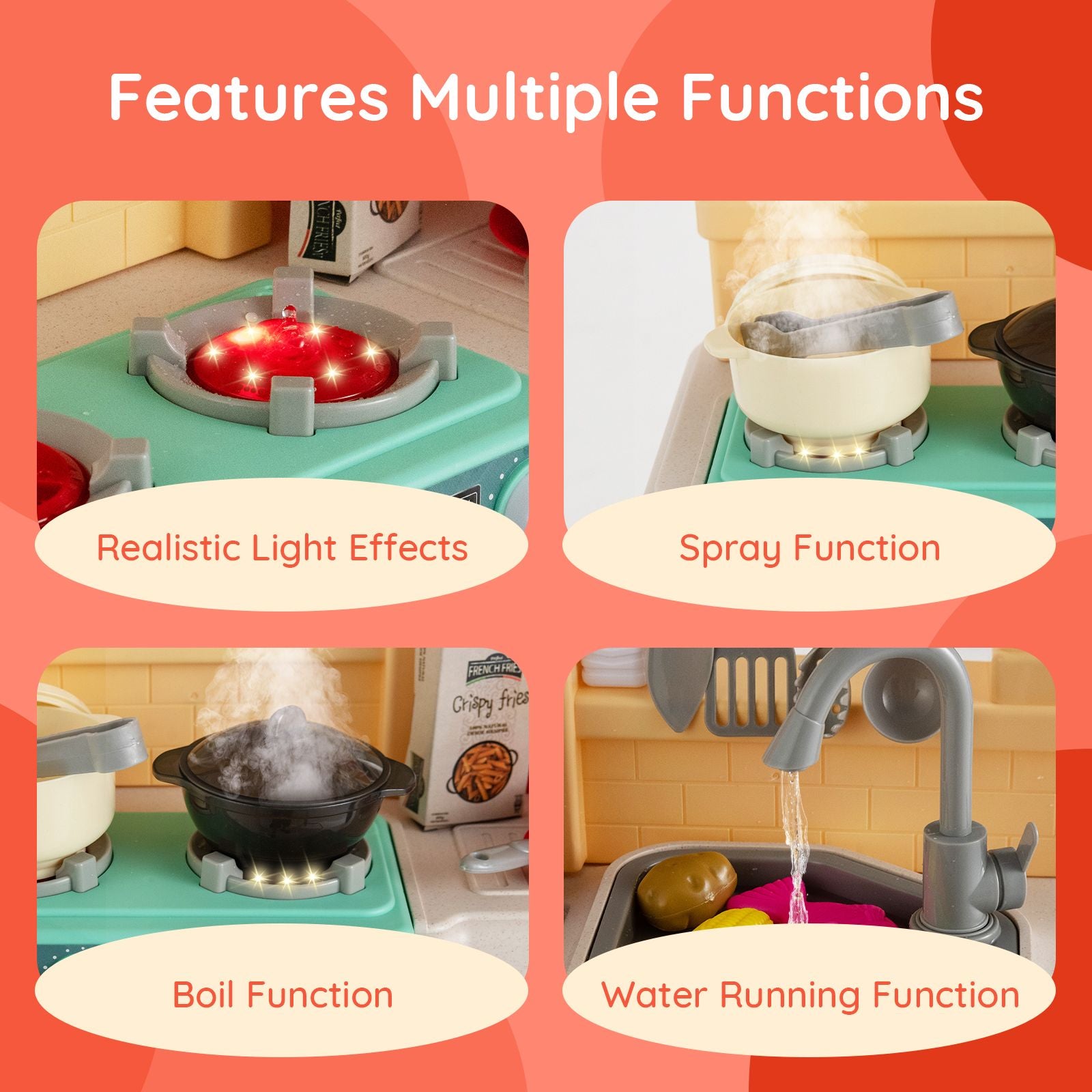 Kids Kitchen Pretend Play Playset Toy with Boiling and Vapour Mist Effects - 69 Pieces