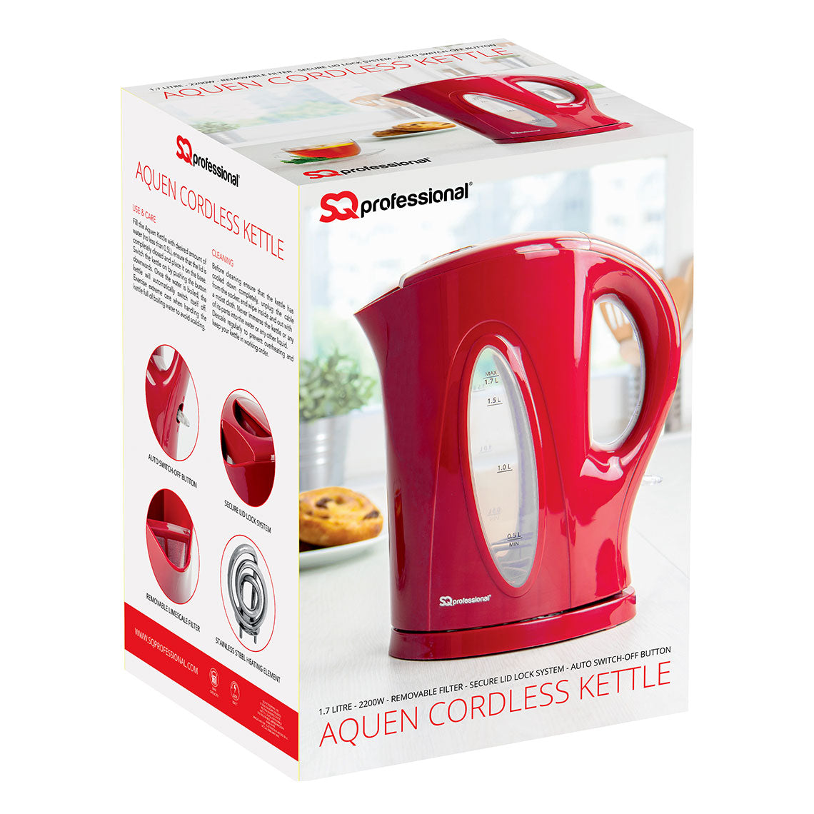 SQ Professional Aquen Fast Boil Cordless Kettle 1.7 Litre 2200W Assorted Colours 2154