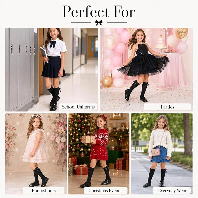 3 Pairs of Girls Knee High Socks with Satin Bow - 4 Colours Available - UK 4-6