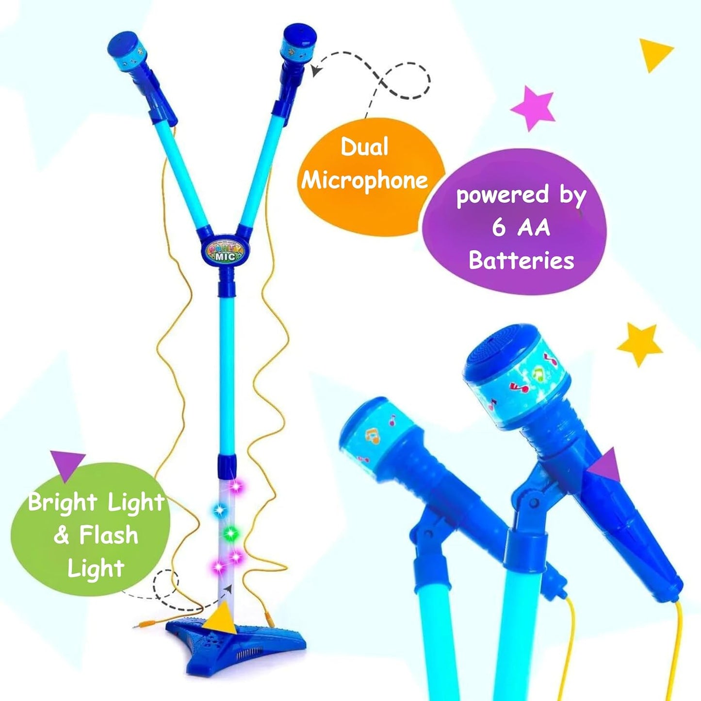 Kids Musical Dual Microphone & Guitar with Stand Music Player Singing Toy - Blue