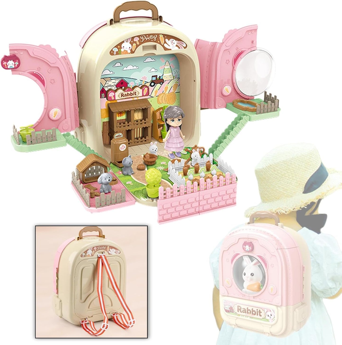 Cute Bunny Rabbit Pet Set Backpack & Toy Playset