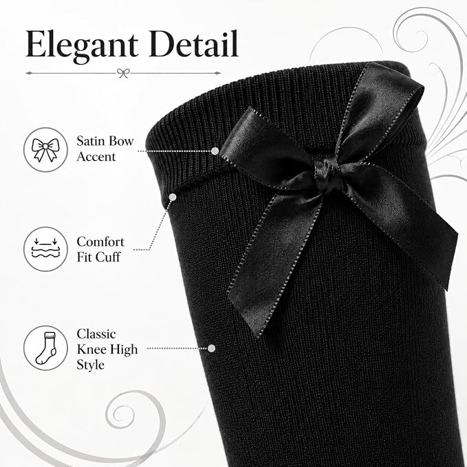 3 Pairs of Girls Knee High Socks with Satin Bow - 4 Colours Available - UK 4-6