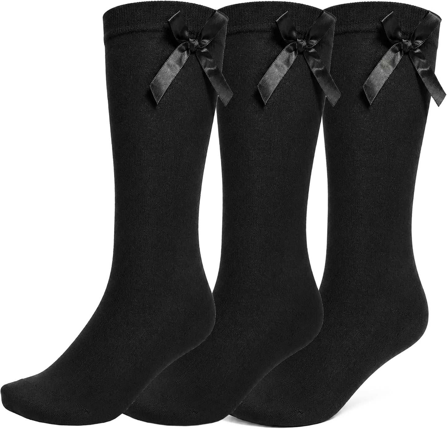3 Pairs of Girls Knee High Socks with Satin Bow - 4 Colours Available - UK 4-6