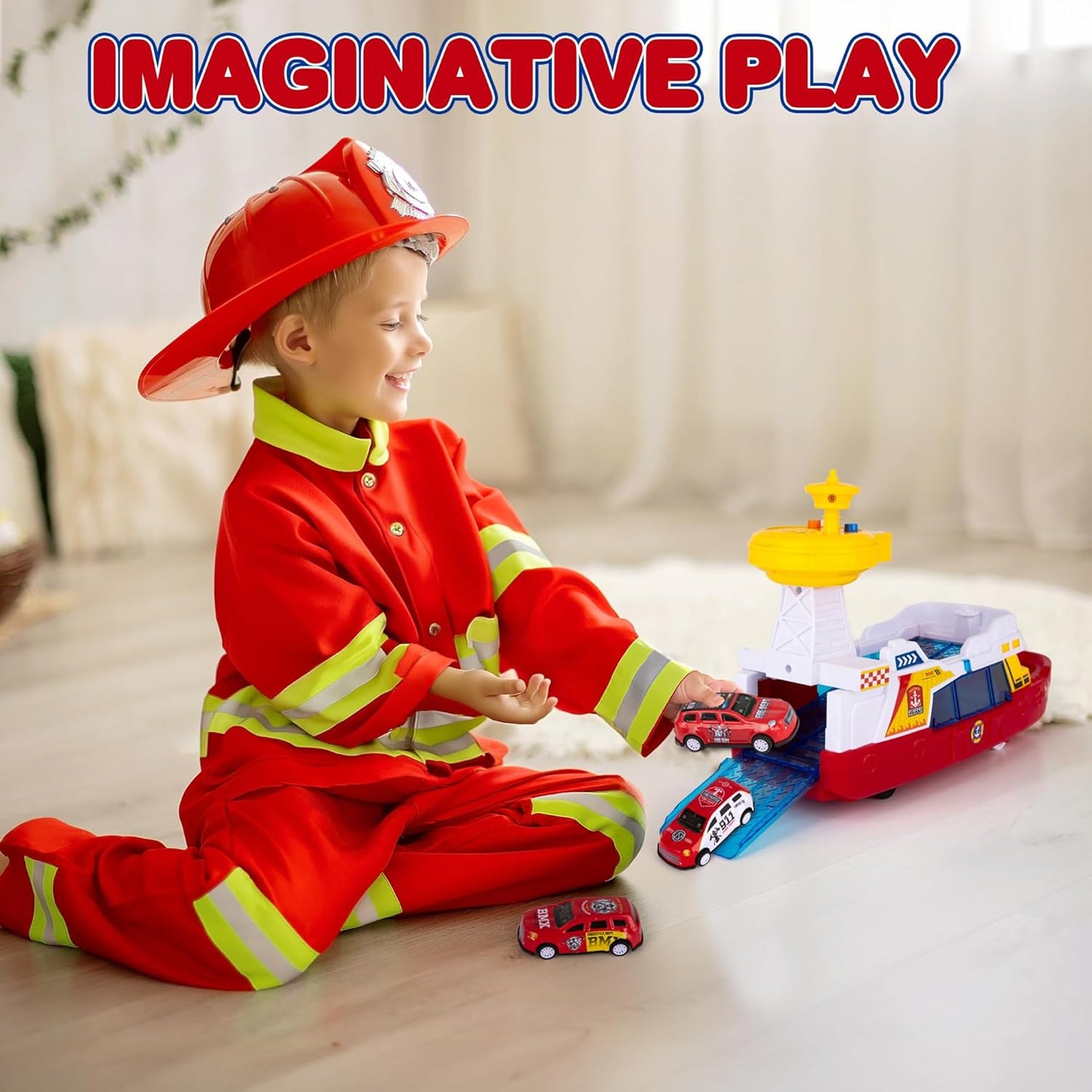 Coast Guard Fire Rescue Boat With Lights & Sound Light Up Boat Toy with 3 Toy Cars