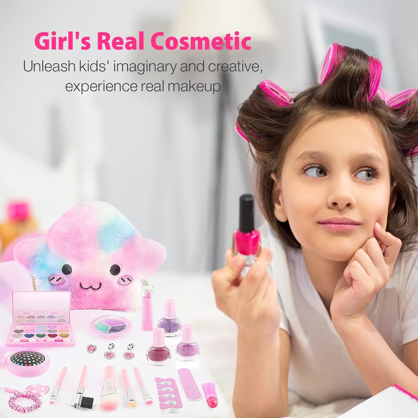 Girls 20 Piece Pretend Play Make Up Set with Fluffy Star Carry Bag Case