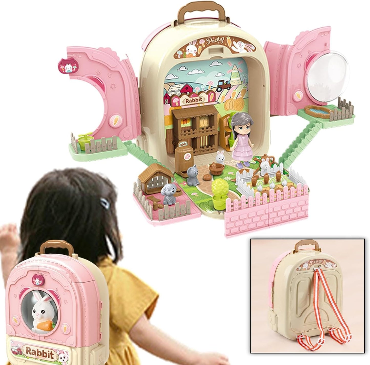 Cute Bunny Rabbit Pet Set Backpack & Toy Playset