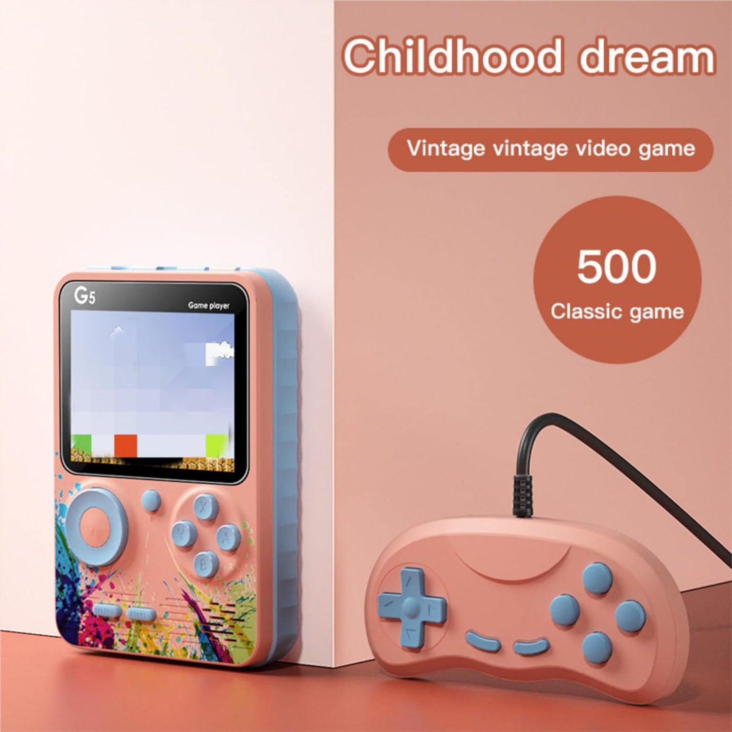 Handheld Classic Games Console 500 in 1 - Rechargeable Multicoloured + Controller