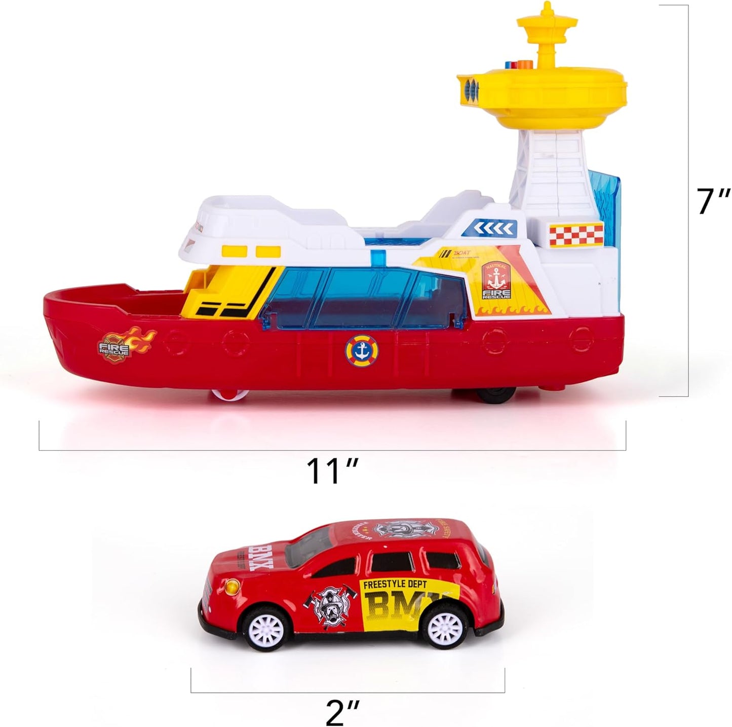 Coast Guard Fire Rescue Boat With Lights & Sound Light Up Boat Toy with 3 Toy Cars
