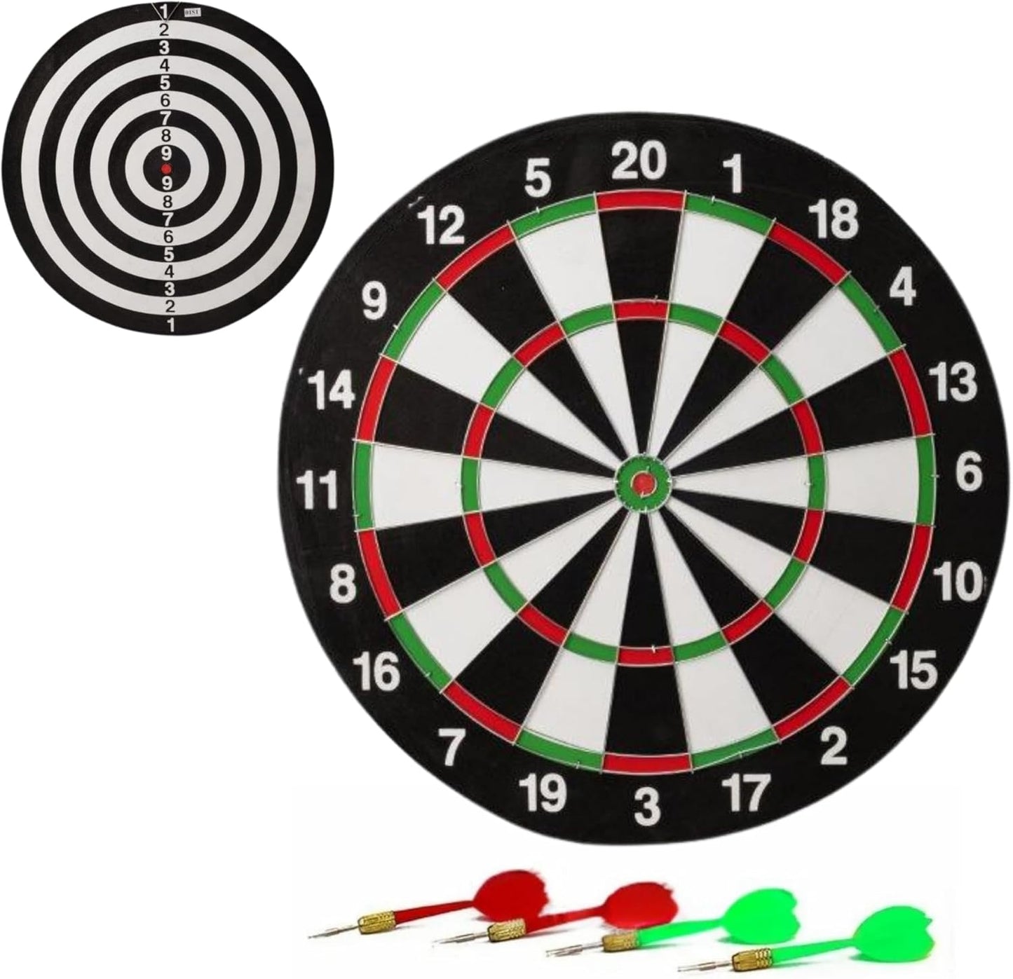 Full Size 17" Double Sided Dart Board with 6 Darts Complete Set plus Reverse Side Archery Style Target