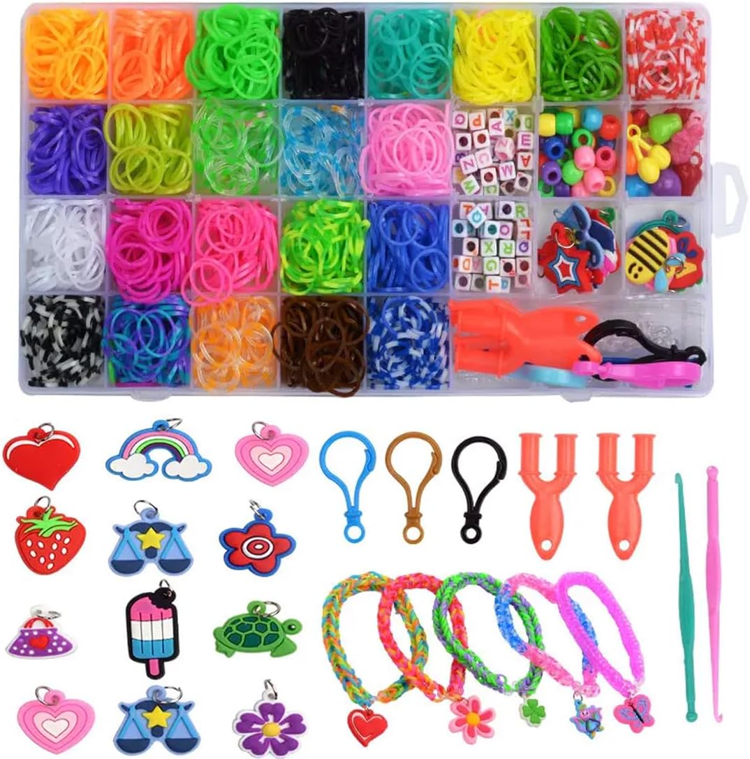 Loom Bands Complete Set, 1500+ Pieces, 32 Grids of Colourful Rubber Bands with Beads, Hooks, Charms & Storage Box