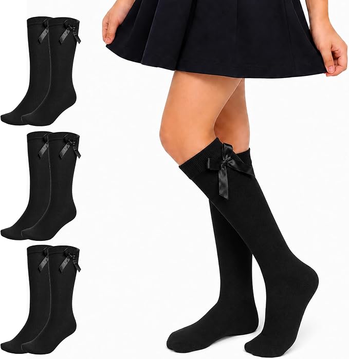 3 Pairs of Girls Knee High Socks with Satin Bow - 4 Colours Available - UK 4-6