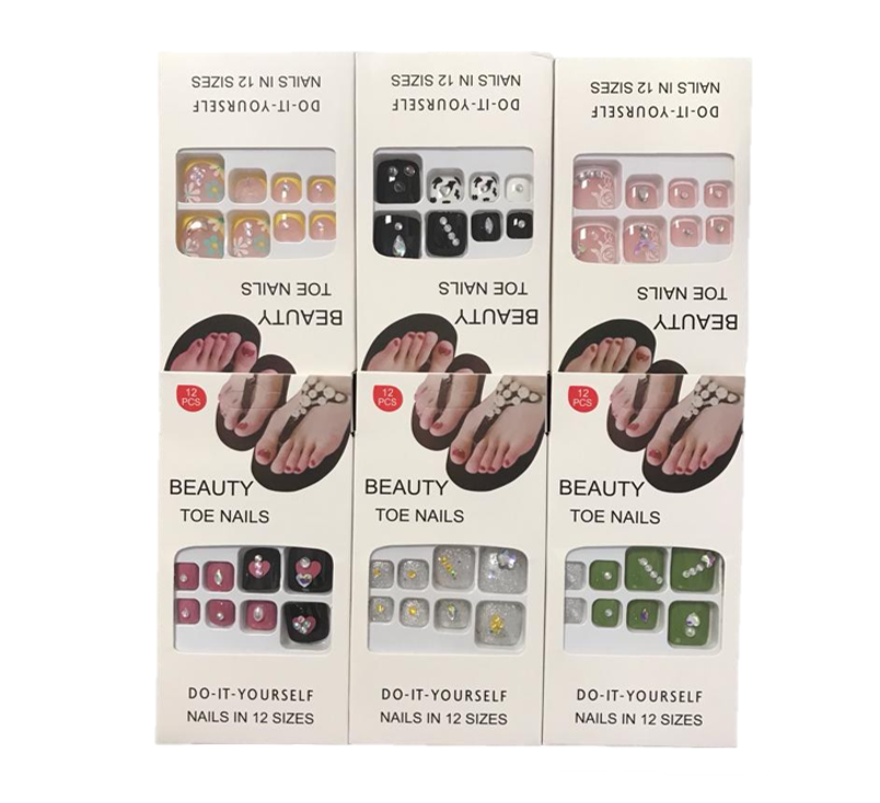 Artificial Fake Toe Nail Extensions with Gems Assorted Designs 7305