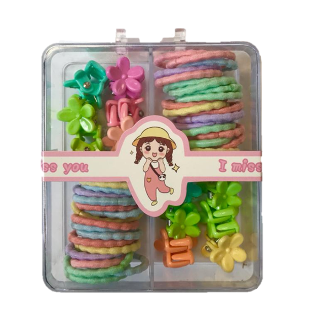 Mini Box Of 3 Assorted Flower / Rabbit Hair Accessories Clips And Elastic Bands 1.5 - 2 Cm Assorted Colours