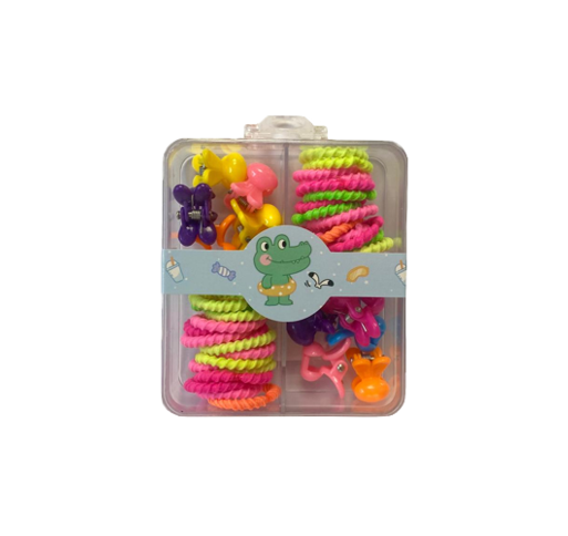 Mini Box Of 3 Assorted Flower / Rabbit Hair Accessories Clips And Elastic Bands 1.5 - 2 Cm Assorted Colours