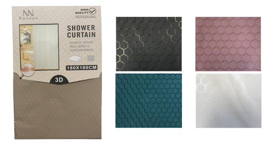 EVA / PE Bathroom Shower Curtain with Curtain Rings Hexagon Pattern 180 x 180 cm Assorted Colours 7344