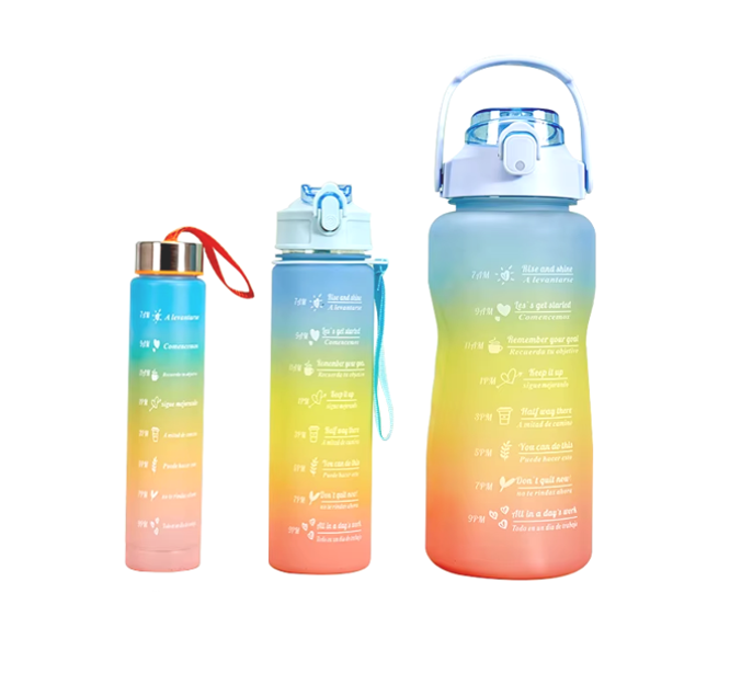 Plastic Water Drinking Bottle with Ombre Design 2000 / 900 / 300ml Set of 3 Assorted Colours 7359 A