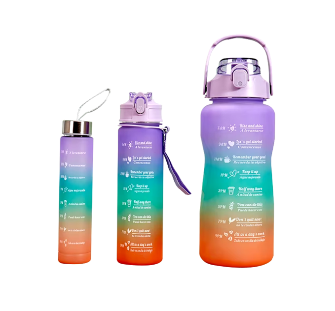 Plastic Water Drinking Bottle with Ombre Design 2000 / 900 / 300ml Set of 3 Assorted Colours 7359 A