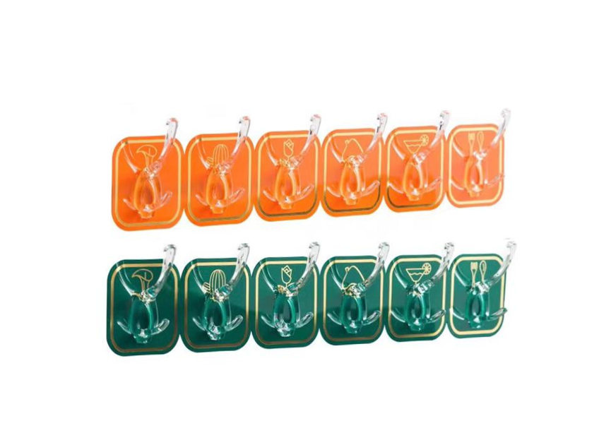 Plastic Adhesive Stick On Hooks 6.3 x 6.3 cm 6 Hooks Assorted Colours 7428