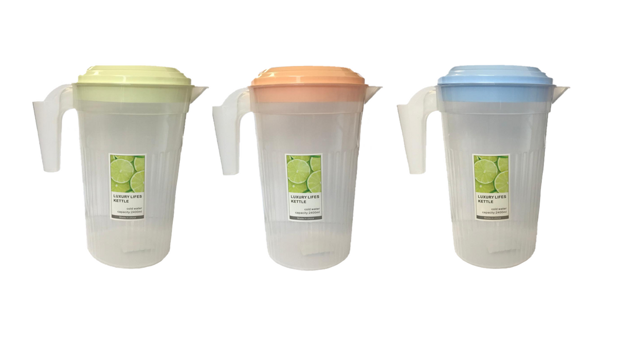 Transparent Plastic Water Juice Pitcher Jug With Cups 2400Ml Assorted Colours