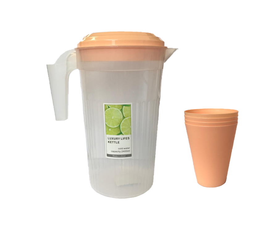 Transparent Plastic Water Juice Pitcher Jug with Cups 2400ml Assorted Colours 7435