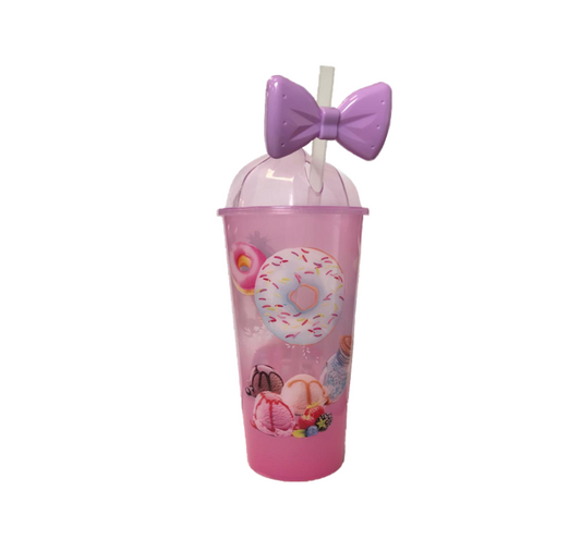 Reusable Plastic Ice Cream Drinking Cup with Straw 500ml 20 cm Assorted Designs 7437