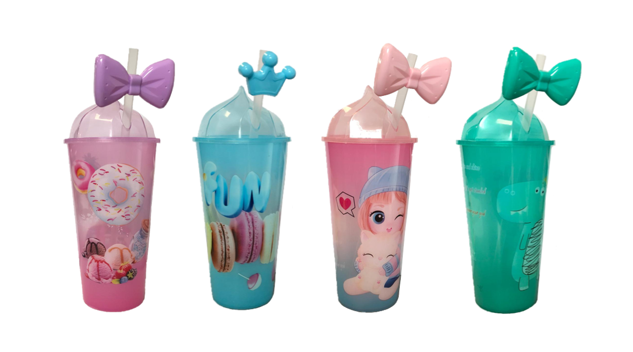 Reusable Plastic Ice Cream Drinking Cup with Straw 500ml 20 cm Assorted Designs 7437