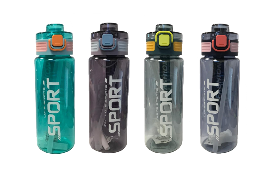 Plastic Water Drinking Bottle with Straw 23 x 8 cm Assorted Colours 7452