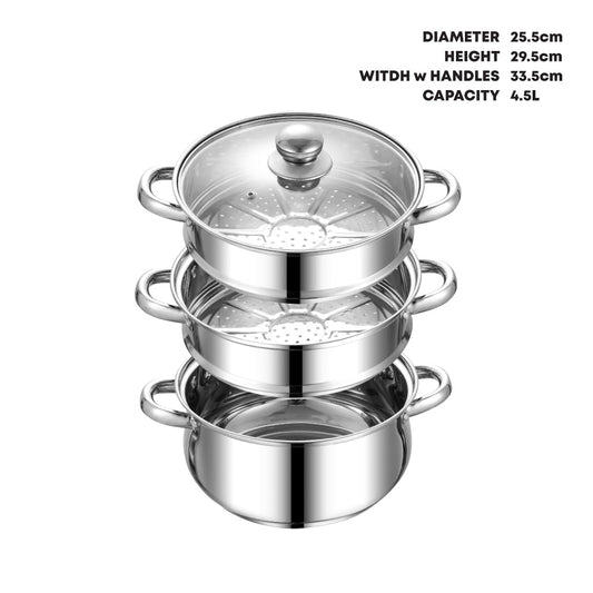 SQ Professional Lustro Stainless Steel Steamer 3 Tier 24 cm 4.5L 7494