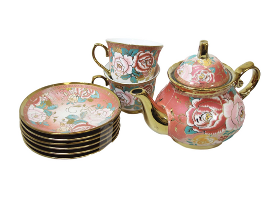 Teapot and Tea Cup Set with Saucers and Stand Set of 13 Assorted Designs 7517