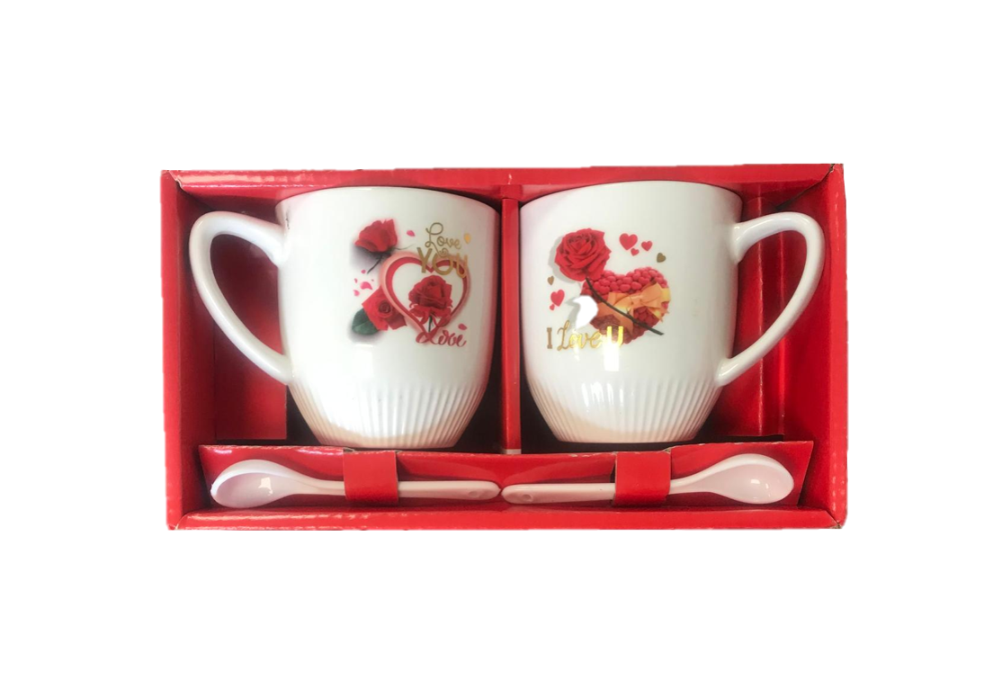 Valentines Mug Set with Teaspoon Set of 2 Assorted Designs
