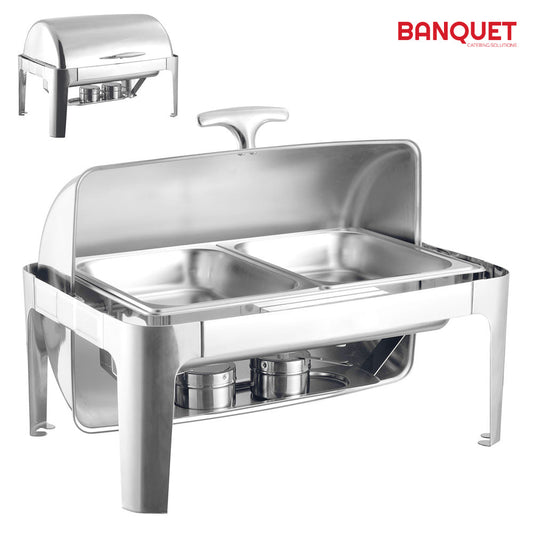 Sq Professional Banquet Chafing Dish With Roll Top Double Compartment Oblong Silver 2 x 4L